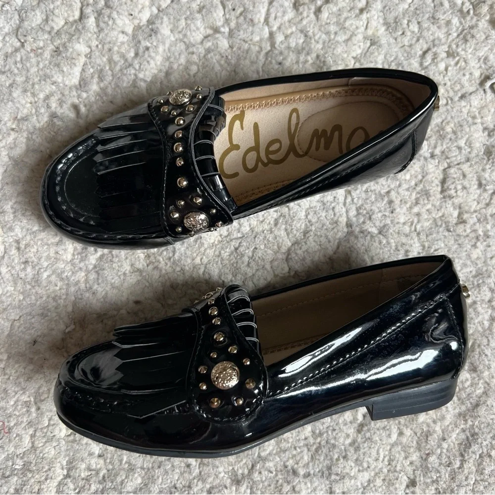 Sam Edelman Black Gold Faux Patent Leather Fringe Bedazzled Dressy Loafers Sz 13